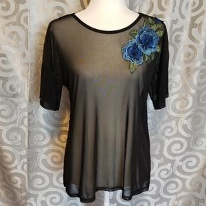 Potter's Pot Black Sheer Blouse with Blue Floral Accent